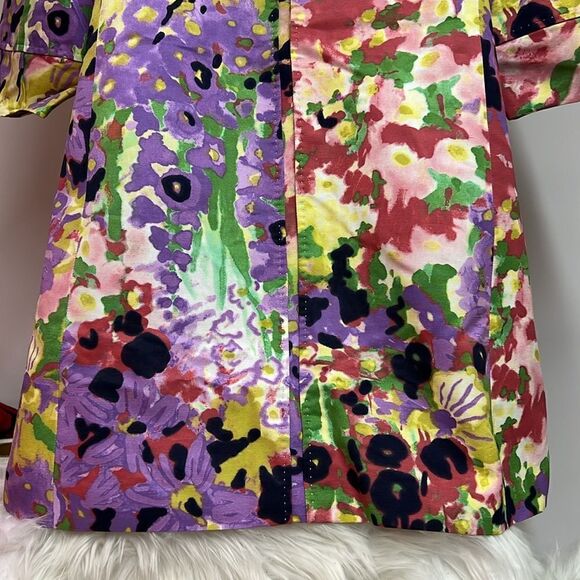 Elie Tahari floral jacket coat multicolor yellow purple snap front duster M C14 - Picture 5 of 13